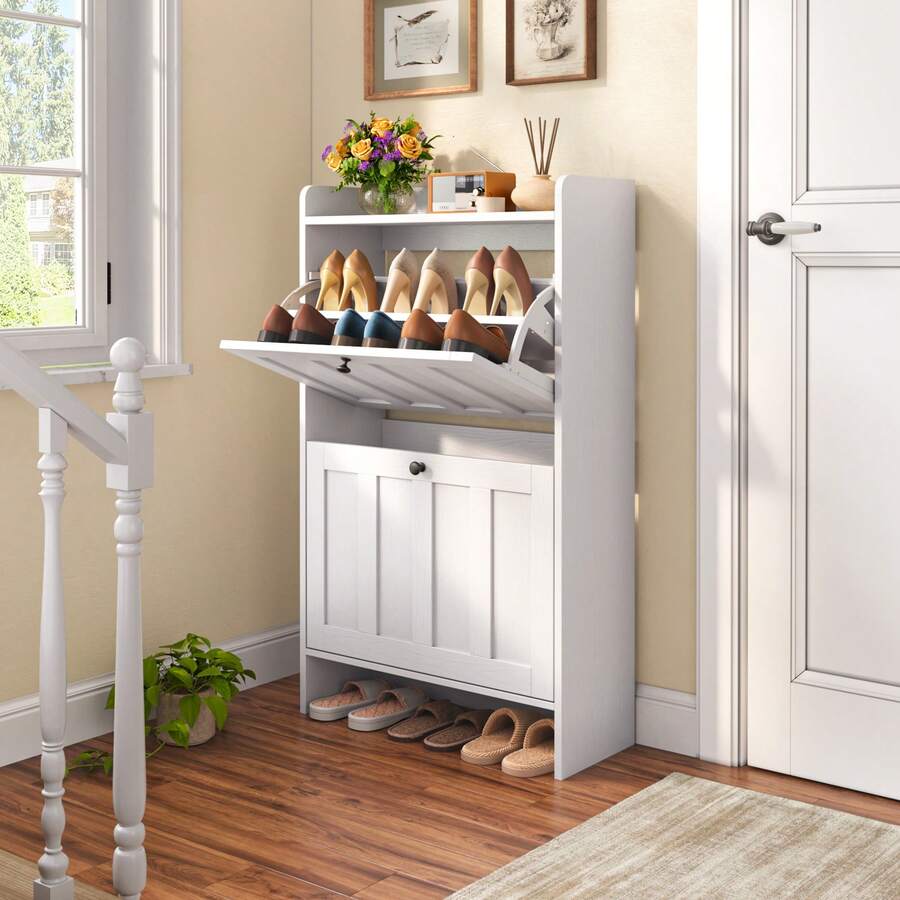 Shoe Organizer Storage Cabinet With 2 Flip Drawers,  2 Levels Of Shoe Storage,  Anti-Tip Device, With Side Hooks,Space-Saving For Hallway, For Entryway - trắng - Xem 1