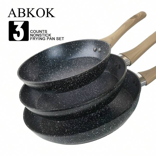 Conjunto de frigideiras 1/3 peças (7,4/9,7/11,3 polegadas) - Cabo de madeira antiaderente e fácil de limpar, fogão universal (gás, indução, elétrico) para cozimento versátil (opções individuais/conjunto)