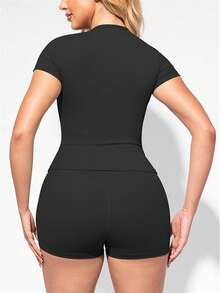 Two Piece Set Of Women's Solid Color Round Neck T-Shirt+High Waisted Cycling Shorts Sports Suit, Lapel Short Sleeved T-Shirt+Tight Shorts, Gym Clothing, Women's Sportswear, Indoor And Outdoor Casual Sportswear, Fitness Clothing, Workspace Clothing, Sportswear - màu đen - Xem 5