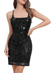 Sequin Homecoming Dresses Teens Women Sparkly Strap Bodycon Cocktail Party Night Prom Dress Vestidos De Fiesta ElegantesHalloween Christmas New Year - 黑色 - 查看 2