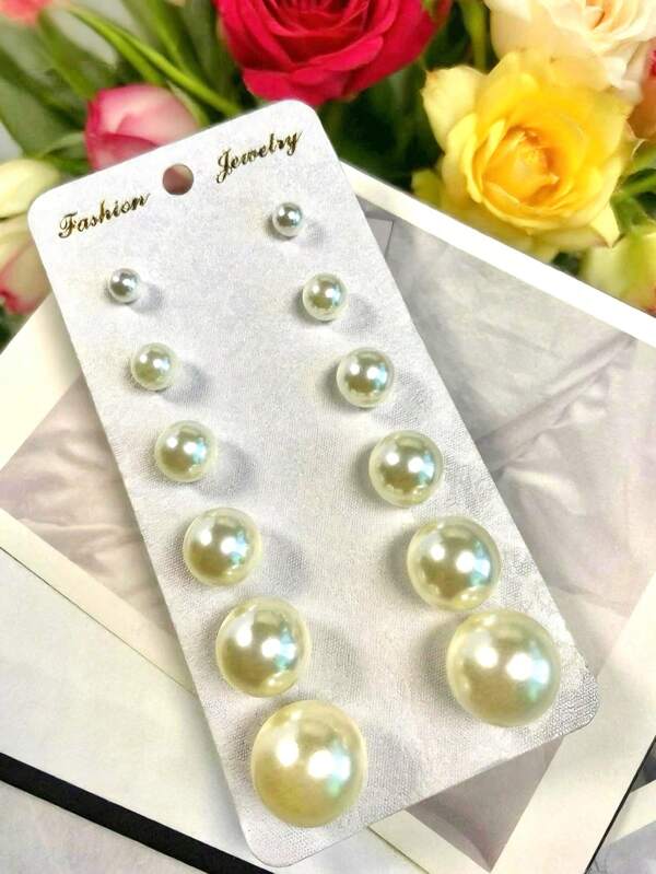 6 Pairs Classic Simple White Pearl Earrings, No Gift Box, Just Earrings! Suitable For Women's Daily Wear