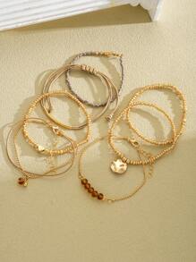 5pcs/Set Fashionable & Versatile Rice Pearl Bead Round Pendant Stacked Bracelets, Suitable For Women Summer Beach Vacation Daily Accessories