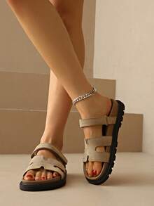 Women's Adjustable Hook And Loop Flat Sandals, Thick Sole Slip-On Summer Shoes, Comfortable Daily Walking Shoes. Vacation Style Suede Khaki Slide Sandals - Khaki - View 5