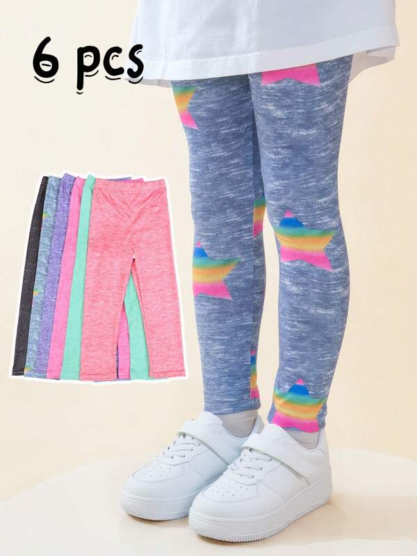 6pcs/Pack Kids' Digital Print Ankle Length Leggings, Versatile Wear As Tights Or Pants, Suitable For Spring & Autumn