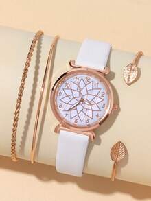 4pcs Fashionable And Versatile Women's Quartz Watch, Exquisite Circular Digital Dial, PU Belt Strap, Paired With A Simple Jewelry Bracelet Set, Suitable For Daily And Holiday Wear, Suitable For Gift Giving - Apricot - View 14