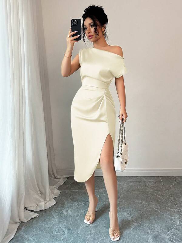 abyoxi Apricot Elegant Asymmetric Neckline Waist Pleated Satin Dress, Suitable For Dates, Birthday Parties, Weddings, Homecoming And Other Occasions, New Women's Fashion