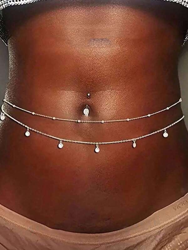 1pc Double-Layer Pendant Rhinestone Minimalist Beach Bikini Body Chain Navel Chain Adjustable Charming Fashion Jewelry For Women, Sexy Waist Chain With Gold Crystal Navel Chain, Perfect Beach Party Body Jewelry Bohemian Style