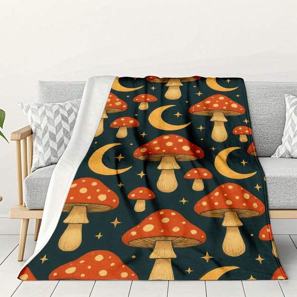 1PC, Mushroom Moon Flannel Blanket - Warm And Comfortable, Perfect For Napping, Camping, Traveling, Family, Daily Life, Office Decoration, Birthdays, Anniversary Graduation Season, Back To School, Valentine's Day, Thanksgiving, Christmas, Halloween