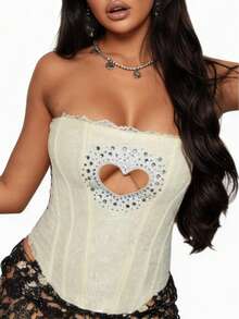 Solid Color Knit S-Type Strapless Top For Women With Heart Cutout And Rhinestone Detail - Màu vàng - Xem 5