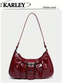 Fashionable Retro Wine Red Crescent Bag, Y2K Babe Shoulder Bag, Ruched Cloud Bag Design, Soft Leather Underarm Shoulder Bag, Street Style - Burgundy - View 1