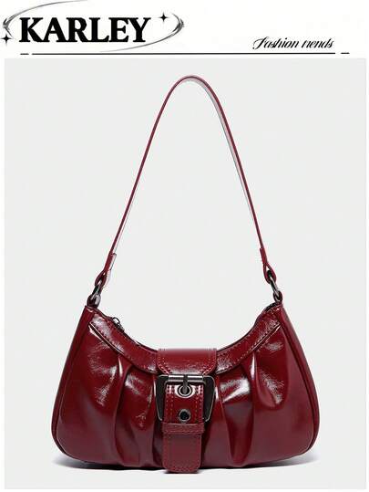 Fashionable Retro Wine Red Crescent Bag, Y2K Babe Shoulder Bag, Ruched Cloud Bag Design, Soft Leather Underarm Shoulder Bag, Street Style