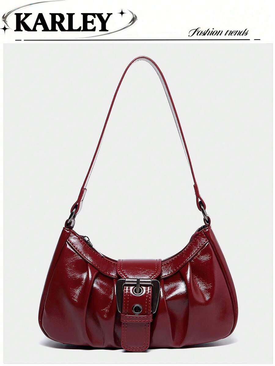 Fashionable Retro Wine Red Crescent Bag, Y2K Babe Shoulder Bag, Ruched Cloud Bag Design, Soft Leather Underarm Shoulder Bag, Street Style - Burgundy - View 1
