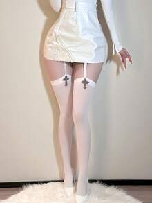 1双女士十字形吊带连体过膝袜，黑白纯色女士长筒袜，Y2K风格，舒适 - 彩色 - 查看 10