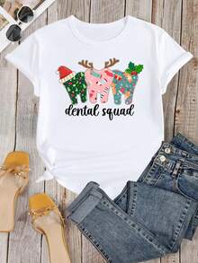 Women's Dental Squad Christmas Graphic T-Shirt - Festive Holiday Design With Santa Hats & Reindeer Antlers, Soft Stretch Round Neck Casual Tee For Dental Professionals, Machine Washable Summer Top, Dental Hygienist Gifts, Seasonal Workwear, Fun Workwear, Durable Construction, Fun Work Shirt - White - View 1
