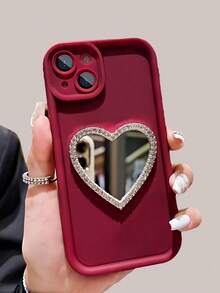1个透明阶梯水钻砂手机壳,带心形镜子,时尚简约风格,男女皆宜,节日礼物,兼容 13、OPPO、荣耀、三星Galaxy、 11等,国际版,非国内版 - 酒紅色 - 查看 4