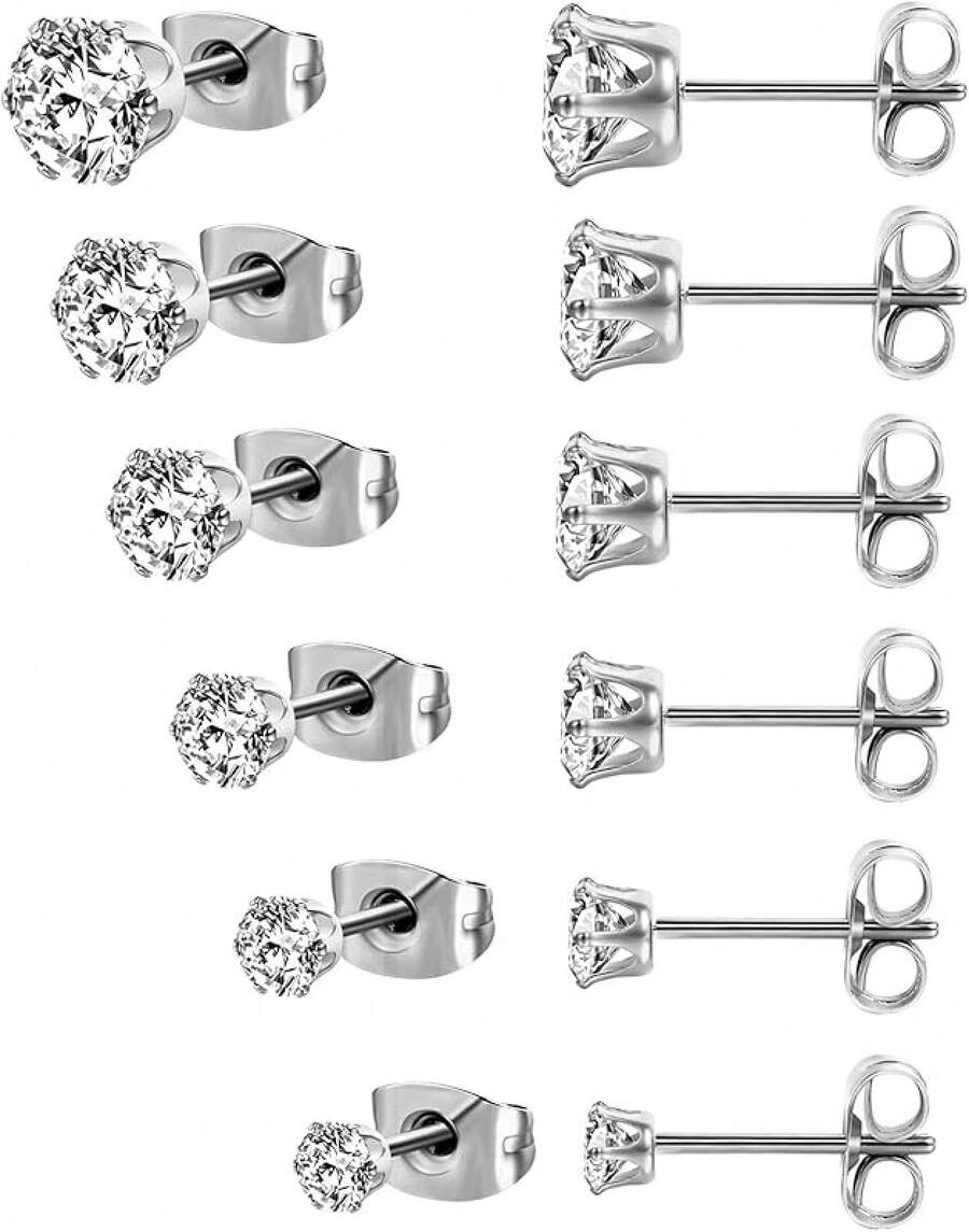 MDFUN 6 Pairs Stud Earrings Sets 3-8MM 18K Gold Plated Round 5A+ Cubic Zirconia Earrings CZ 6 Prong Ears Jewelry Women - B-白金3-8MM - 查看 1