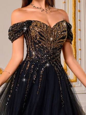 VIPGIRL Czarno-złota, cekinowa, tiulowa suknia wieczorowa z odkrytymi ramionami i rozcięciem. Długa, formalna suknia na bal maturalny, galę, bal, wesele, czerwony dywan, koktajl, konkurs piękności, luksusowe przyjęcie, ceremonię. Sukienka maxi w kształcie litery A dla kobiet.