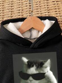 Tween Boy Slogan Cat Print Warm Hoodie And Sweatpants Casual Set - Black - View 4