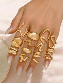 14pcs Irregular Hollow Round Smooth Gold Stackable Rings Set, Versatile Accessory Suitable For Any Occasion, High-End Matching Earrings, Perfect Romantic Gift For Women