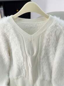 Women's V-Neck Soft Faux Mink Knitted Sweater, Casual Wear For Office And Home