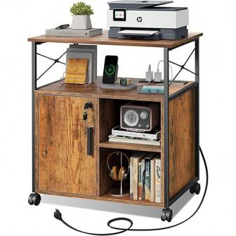 DEVAISE File Cabinet  Charging Station, Lockable Lateral Filing Cabinets For Home Office, Printer Cabinet Accommodat A4Letter Size File Folders, Rustic BrownRustic BrownRustic Brown