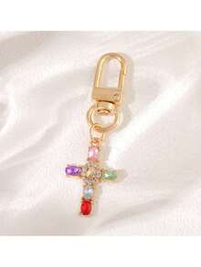优雅铜十字钥匙扣，镶嵌微镶锆石，男女通用包袋/汽车配件，汽车配件，可爱哥特风，Y2K - 彩色 - 查看 4