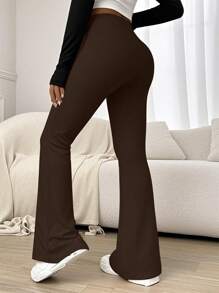 大码纯色高腰弹力喇叭裤运动瑜伽裤压缩紧身裤跑步健身裤，春夏透气速干运动长裤，女士紧身裤，女装 - 棕色 - 查看 3