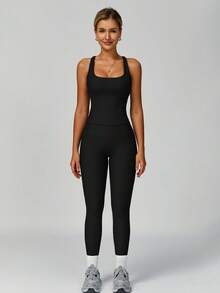 MASKERT 两件套女士运动套装，健身服，瑜伽套装，跑步运动背心套装，高弹力运动服，休闲运动服，亲肤舒适 - 黑色 - 查看 3