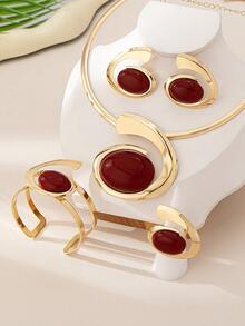 1pc/Set Vintage Elegant High-Quality Alloy Resin Inlaid Stainless Steel Women's Earrings, Ring, Bracelet, Necklace Jewelry Set, Fashionable Luxurious Golden Accessories Suitable For Women's Banquet, Party, Wedding, Holiday, Valentine's Day Gift - Elegant Style - View 4
