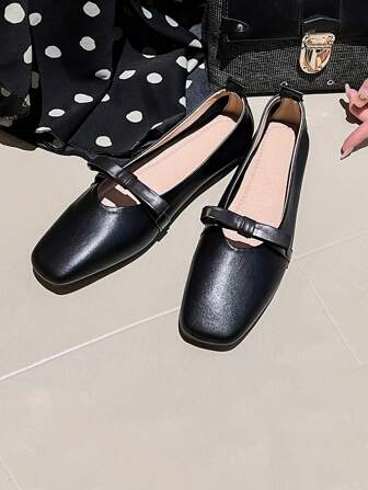 Women's Black Bowknot Flats, Minimalist Elegant Slip-On Shoes, Comfortable Soft Bottom Mary Jane Shoes For Commuting
