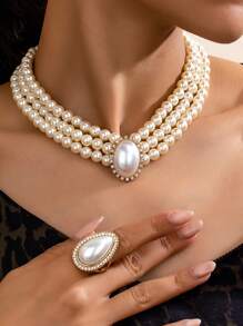 1 套优雅浪漫水晶和人造珍珠多层项链和耳环首饰套装，适合晚会、派对、节日、送给妻子的礼物