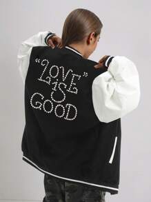 女士闪亮水钻街头车元素图案宽松休闲连帽卫衣套装适合日常穿着舒适 - 黑色 - 查看 2