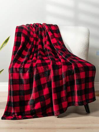 1pc Flannel Plaid Blanket, Bedding, Red Checkered Pattern Thick Soft Cozy Throw Blanket For Sofa, Office Nap, Room Decor, Travel Camping, Suitable For Living Room, Bedroom, Back To School Season, Holiday Gifts, Christmas Decor