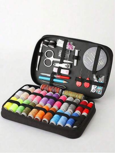 1 套黑色便携式缝纫工具套件，家用缝纫工具 10 件/套，包括线盒、针、穿线器、手工缝纫配件和织物整理盒 - 完整的手工缝纫和修补工具套装，配有各种颜色的线，适合旅行和家庭使用 - 全年必备的手工必需品