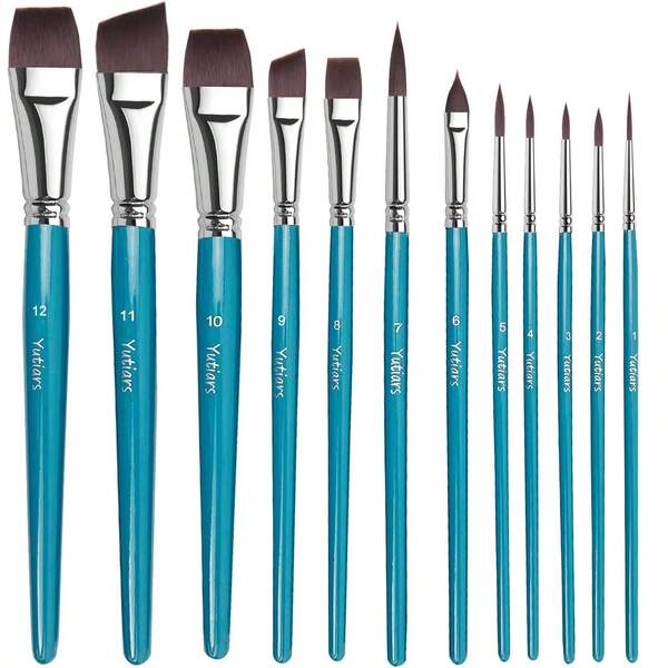 12pcs Professional Face Painting Brush Set With Nylon Bristles, Wooden Handle, Versatile For Watercolor & Embossing, Broad & Detail Brushes For Artistic Makeup & Designs, And Embossed Flower Engraving For Body & Face Artistry