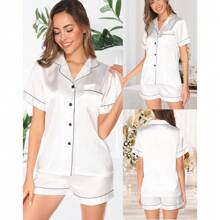 Womens Silk Pajamas, Short Sleeve Satin 2 Piece Pj Sets Button-Down Sleepwear Loungewear Pjs Shorts Set S-XXL - 白色 - 查看 2