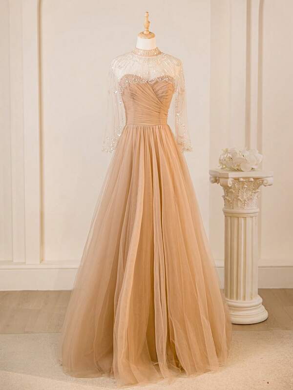 New Fall Fashion Women Strapless Mesh Dress Evening Gown With Lace Shawl