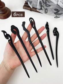 6pcs Women's Black Elegant Minimalist Wooden Hair Clips, Suitable For Daily Use, Recommended As Gift Hair Accessories, Bun Extension, Hair Bun Maker, Bun Hair Piece, Hair Styling Pins, Pins For Hair, Bobby Pins, Hairpin - 黑色 - 查看 2