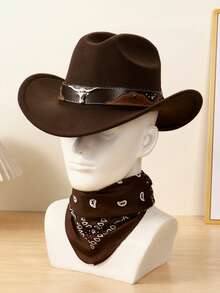 1 Set Unisex Cowboy Hat With Bull Horn Decor + 1 Cashew Pattern Scarf Fashion Outfit, Suitable For Horse Riding, Rodeo, Music Festivals, Bars, Gifts And Daily Use - Brown - View 12