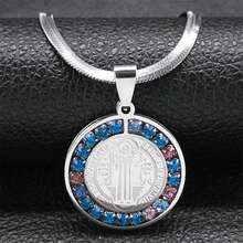 Catholic Saint Benedict Snake Chain Necklace, Unisex, Stainless Steel Material, Rhinestone Inlaid, Gold/Silver Pendant, Gemstone Choker - Necklace - View 3