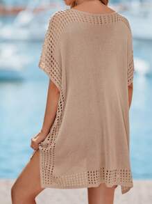 女士优雅性感简约纯色镂空面料沙滩罩衫