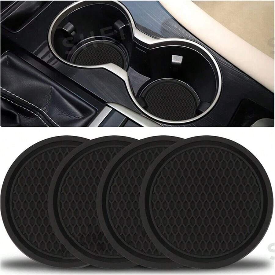 2pcs Silicone Anti-Slip Cup Coasters, Soft Insulation Pad, Crystal Rhinestone Decor, Creative Car Accessories - Black - View 1