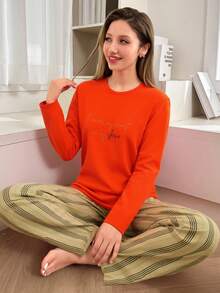 Mirano Slogan Print Short Sleeve Top & Cherry Pattern Long Pants Pajama Set - Orange - View 1