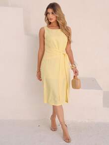 Women's Dress With Sophisticated Fit And Front Knot Knot Knot At The Front - 奶油黃 - 查看 3