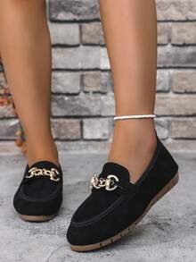 1 Paar Damen Retro Loafer, Obermaterial aus Wildleder mit bedruckter Ketten-Dekoration, atmungsaktiv & bequeme Slip-On Flache Schuhe, geeignet für Partys, Dates, Tänze, Lässig, Strand, Innenbereich, Straße, Campus Tragen