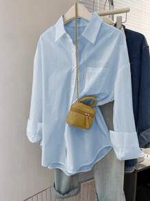 Women's Casual Blue Pocket Shirt With Long Sleeves