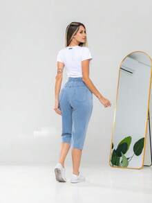 Women's Soft Denim Bermuda Shorts With Elastic And Drawstring C3147 - 淺色水洗藍 - 查看 6