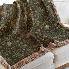 Moss Woven Blanket,_Cotton Tapestry With Fringed Edges, Dark Cottagecore, Cozy Deep Green Throw For Home Decor - 白色 - 查看 1