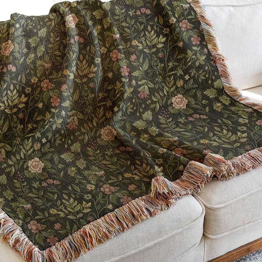 Moss Woven Blanket,_Cotton Tapestry With Fringed Edges, Dark Cottagecore, Cozy Deep Green Throw For Home Decor - 白色 - 查看 1