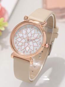 4pcs Fashionable And Versatile Women's Quartz Watch, Exquisite Circular Digital Dial, PU Belt Strap, Paired With A Simple Jewelry Bracelet Set, Suitable For Daily And Holiday Wear, Suitable For Gift Giving - Apricot - View 2